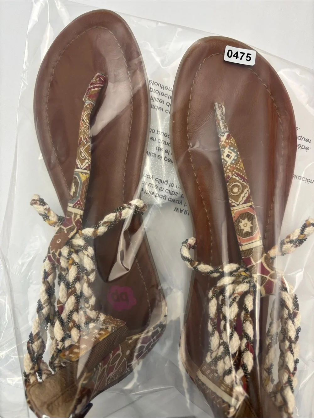 bp Womens 6 Multi Texture Brown and Beige Braided‎ T-Strap Sandals#475